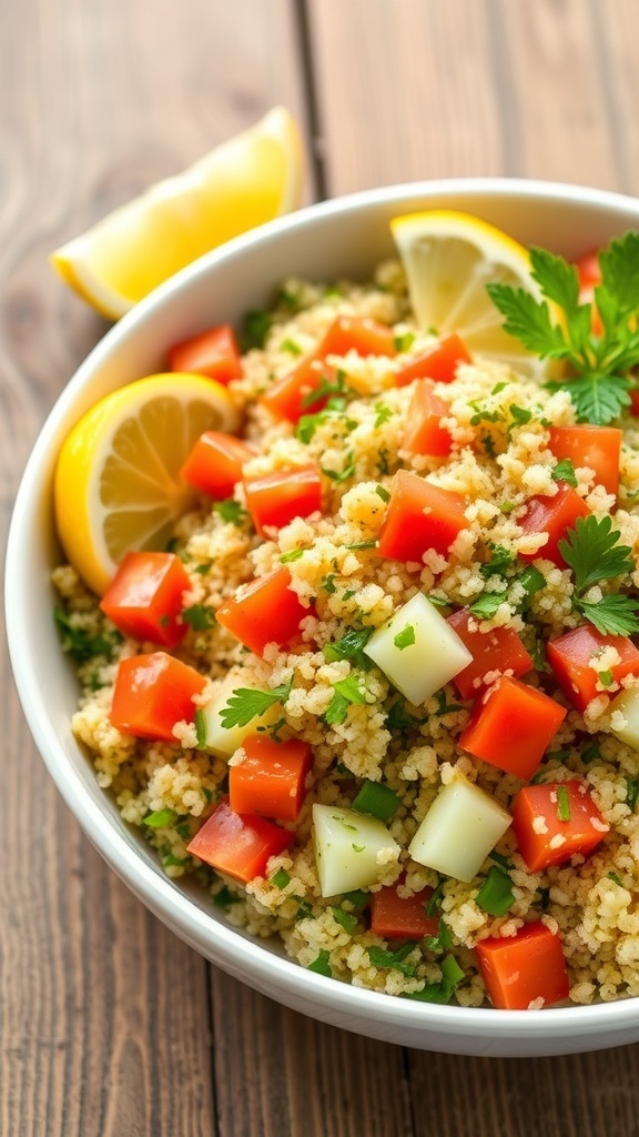 A colorful quinoa tabbouleh salad with parsley, mint, tomatoes, and cucumbers in a bowl, garnished with lemon wedges.